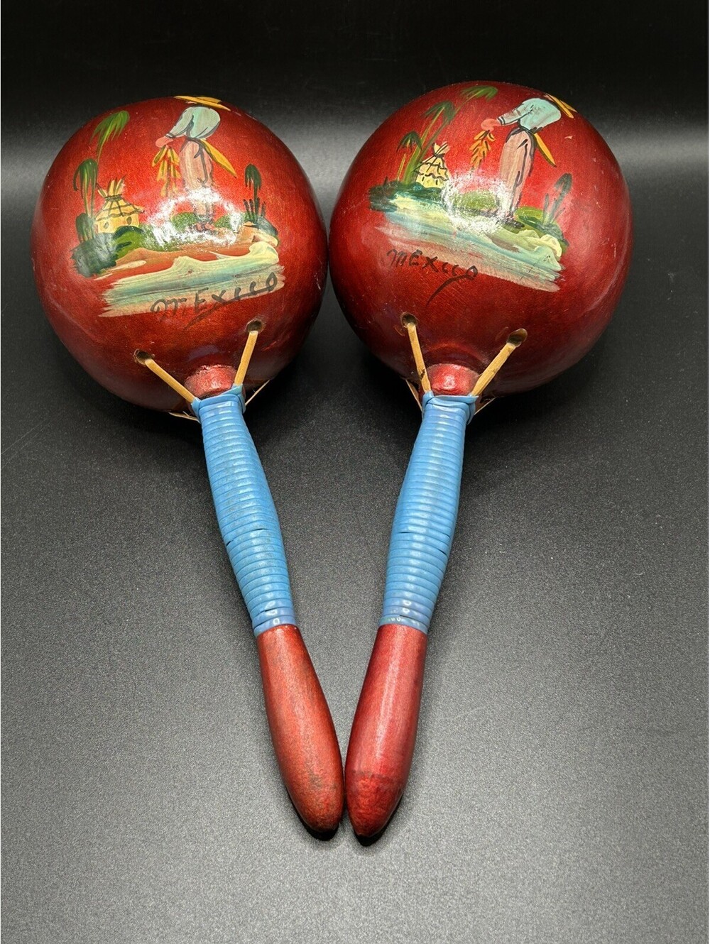 Vintage Pair Of Hand Painted Mexican Wooden /Gourds Maracas 80’s -9in